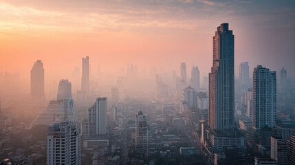 Naklejka premium Beautiful downtown skyscraper in Bangkok city with smog and very poor air quality. High risk of PM 2.5 air pollution which unhealthy and serious health effects