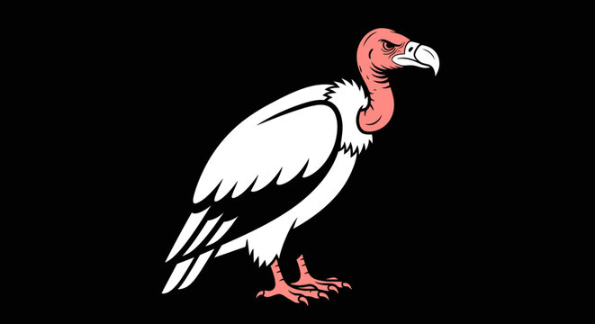 Illustration of a vulture with a large hooked beak, pink head, and white and black feathers