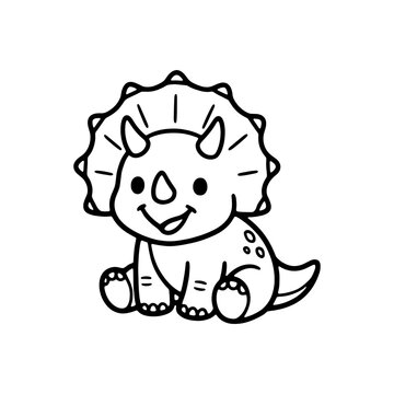 Cute triceratops dinosaur coloring page. Black and white outline of sitting baby horned dinosaur for kids coloring book, preschool worksheets, and KDP interior.