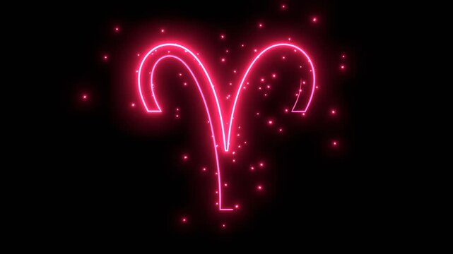 Aries or Ram zodiac symbol icon in thin line style glowing with energy and particles.