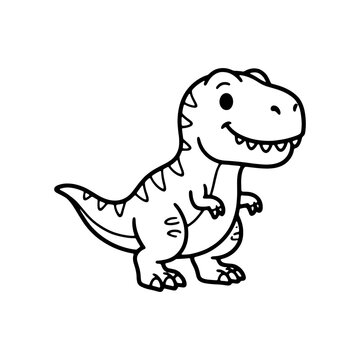 Cute T-Rex dinosaur coloring page. Black and white outline of happy baby Tyrannosaurus Rex for kids coloring book, prehistoric activities, and KDP interior.