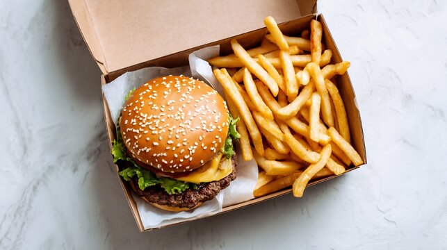 Gourmet beef burger and crispy french fries in delivery box on white marble background