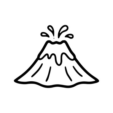 Erupting volcano coloring page. Black and white outline of prehistoric volcanic mountain with lava for kids coloring book, nature science worksheets, and KDP interior.