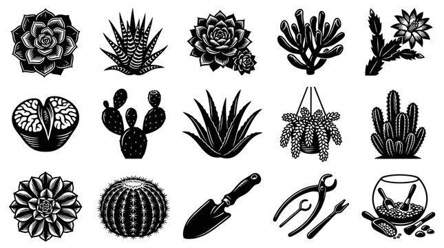 Black  White Engraving Style Succulent Plants, Cacti  Gardening Tools Vector Set for Horticulture