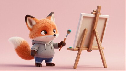 Fototapeta premium Adorable fox artist holds brush, ready to paint on easel against soft pink backdrop.