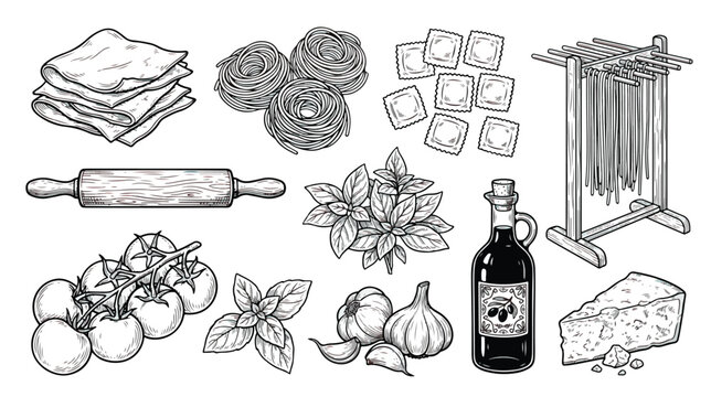Vintage Italian pasta ingredients vector set, hand drawn black ink sketches of ravioli and spaghetti, rustic kitchen cooking elements for menu design