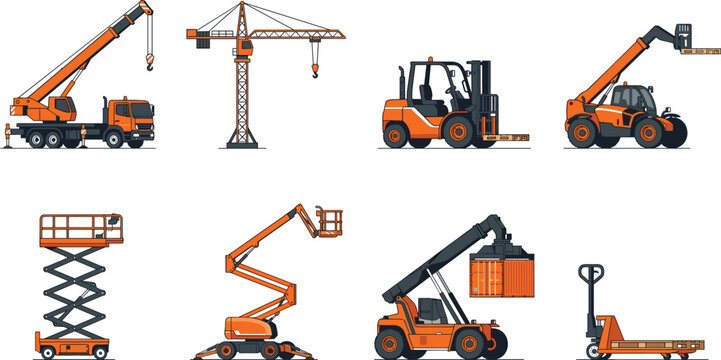 Industrial heavy lifting equipment and logistics machinery vector set featuring cranes, forklifts, scissor lifts, and telehandler
