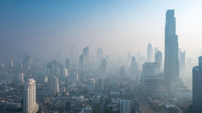 Beautiful downtown skyscraper in Bangkok city with smog and very poor air quality. High risk of PM 2.5 air pollution which unhealthy and serious health effects