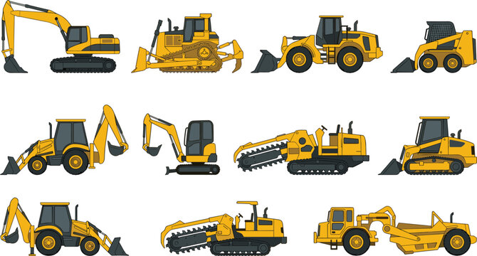 Construction heavy machinery equipment set including excavator bulldozer wheel loader backhoe and trenching machine vector illustrations