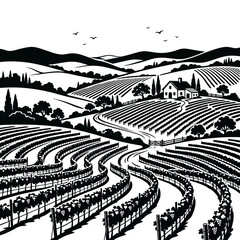 Fototapeta premium Vineyard landscape artistic drawing with rolling hills, farmhouse and birds
