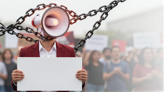 Protestor with megaphone chained, holding blank sign amid crowd.