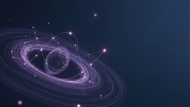 Purple light trails form intricate atomic structure against deep blue background.