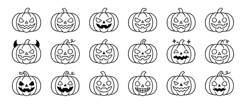 Smiling Halloween jack-o-lanterns with glowing carved faces on display