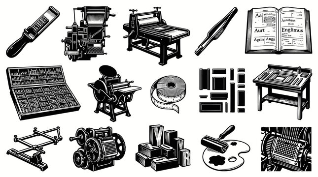Vintage Printing Press and Equipment - Black and White Line Art Illustration