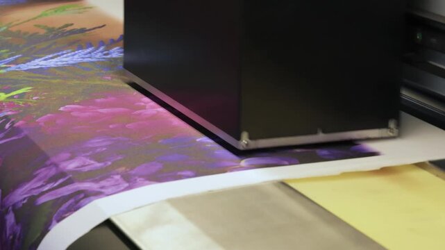 Large format printer creating vibrant floral artwork, close-up detail of printing process.