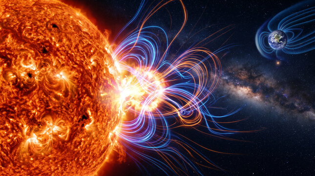 Solar Flare Emitting Magnetic Energy Toward Earth | Cosmic Space Weather And Electromagnetic Radiation | Sunstorm With Planetary Magnetic Interaction