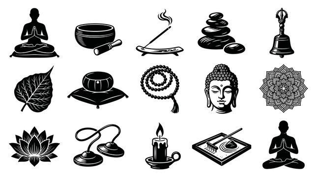 Black  White Buddhist and Meditation Icons Vector Art Collection for Spirituality and Wellness
