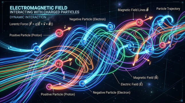 Electromagnetic Field Interaction With Dynamic Particles | Physics Visualization Of Electric And Magnetic Forces | Quantum Particle Motion With Colorful Field Lines