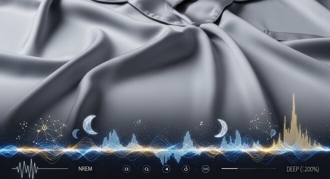 Conceptual Sleep Architecture Hypnogram and REM Cycle Tracking on Light Gray Silk Background