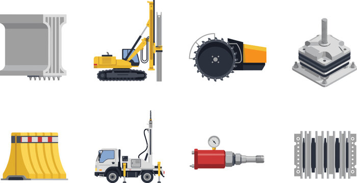 Professional Heavy Construction and Civil Engineering Equipment Vector Icon Set for Infrastructure Bridge and Foundation Projects
