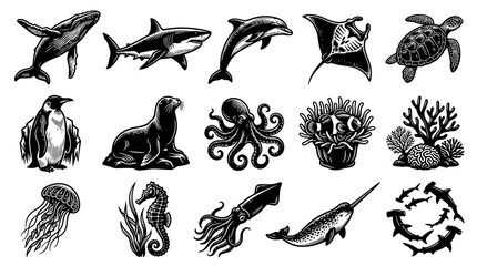 Obraz premium Black and White Vector Illustrations of Various Sea Creatures, Ocean Life Art