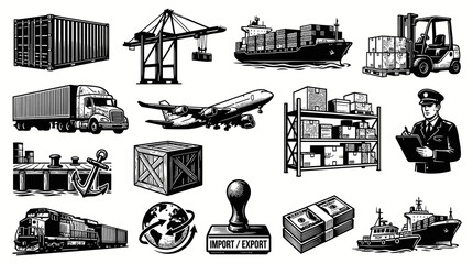 Obraz premium Logistics Shipping Cargo Transport Icons Set - Black White Engraving Style Line Art Illustrations