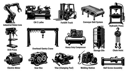 Obraz premium Industrial Manufacturing Machines Equipment Set. Black and White Line Art Icons in Engraving Style.
