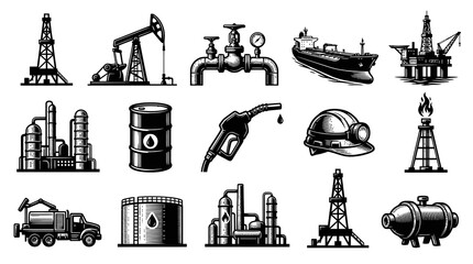 Obraz premium Oil Industry Icons: Rigs, Pumps, Ship, Barrel, Gas Pump, Helmet, Flare, Truck