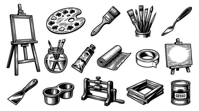 Art Supplies Black and White Line Art Vector Icons - Easel, Palette, Brushes, Paint, Canvas