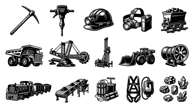 Mining Industry Equipment Icons Black and White Line Art Vector