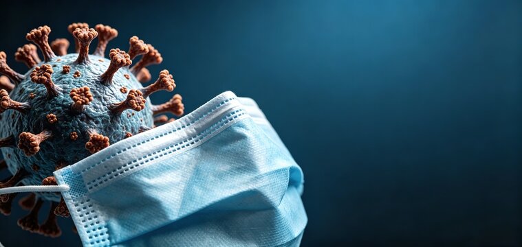 Disposable surgical mask blocks a virus particle, representing health safety, Ideal for healthcare campaigns, virus prevention content, and medical-themed visuals.