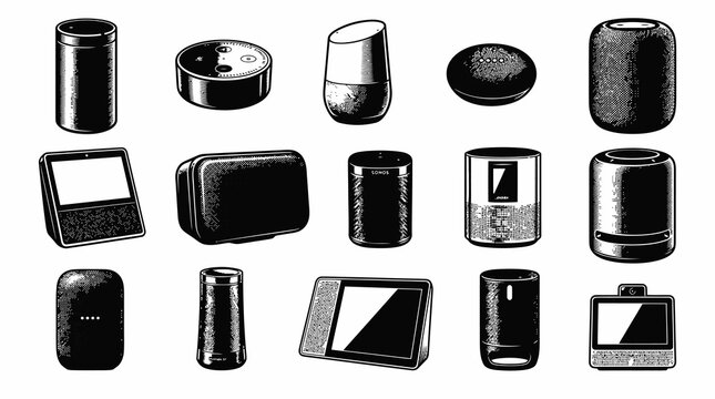 Black and White Line Art of Smart Speakers and Displays