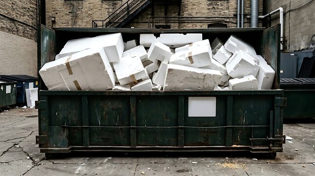 Large green dumpster filled with white styrofoam waste in alleyway