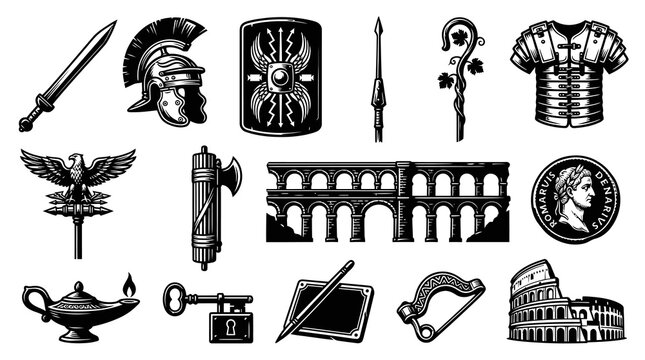 Ancient Roman Symbols Black and White Vector Icons - History, Warfare, Architecture