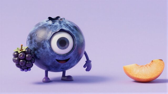 A cheerful one-eyed blueberry character holds a blackberry beside peach slice.