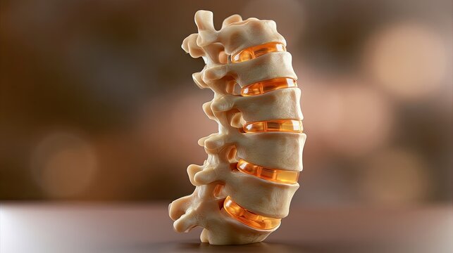 Realistic spine model with clear, amber-colored disc replacements