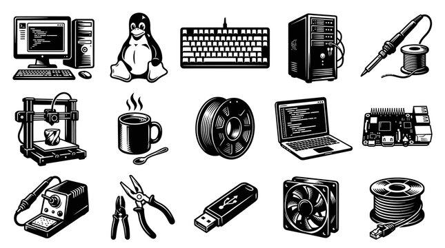 Black and White Technology Icons: Computer, Penguin, Keyboard, Server, Soldering Iron, 3D Printer, Mug, Filament, Laptop, PCB, USB, Fan, Pliers