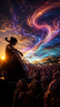 Female cellist performing on outdoor stage at sunset, colorful neon energy waves swirling into the sky, enchanted crowd watching in awe, surreal music fantasy concept, AI generated,夕暮れの野外ステージでチェロを演奏する