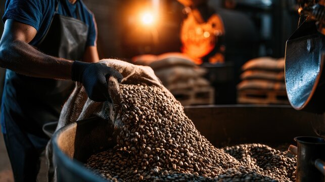 Person pouring raw coffee beans from a sack into a large metal container