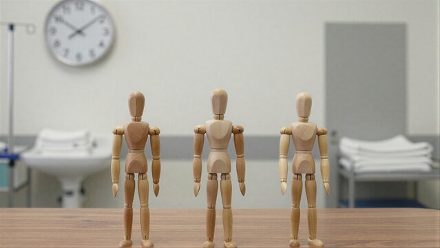 Three wooden dolls stand on a table in front of bathroom sink and clock.