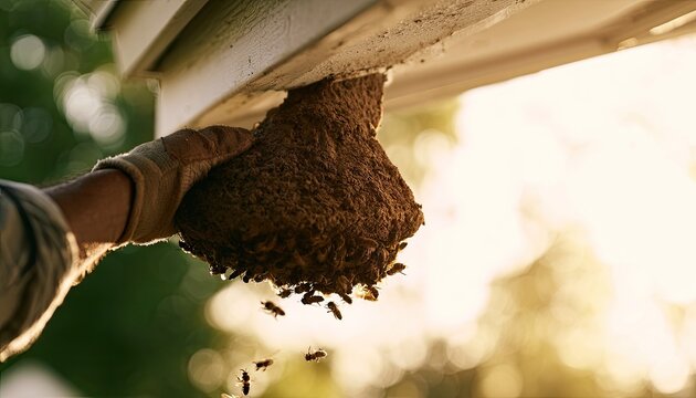 Gloved hand inspects large wasp nest built under an overhang