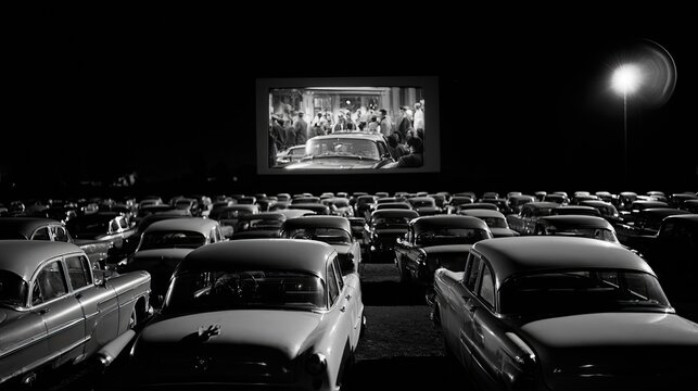 Retro outdoor cinema with cars parked facing large illuminated screen