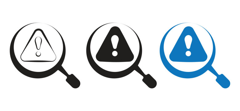 Magnifying glass with warning triangle exclamation mark icon set in outline solid and blue styles representing search for errors security monitoring risk analysis and system bug identification.