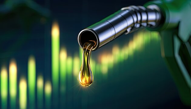 Green fuel nozzle with dripping golden liquid, against stock chart