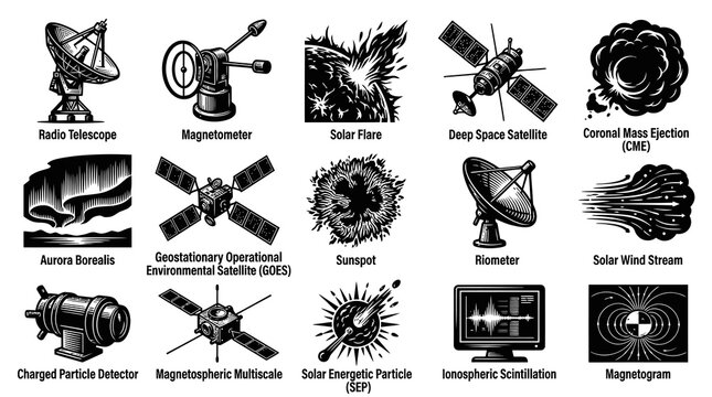 Space Science Icons: Black and White Vector Illustrations for Astronomy