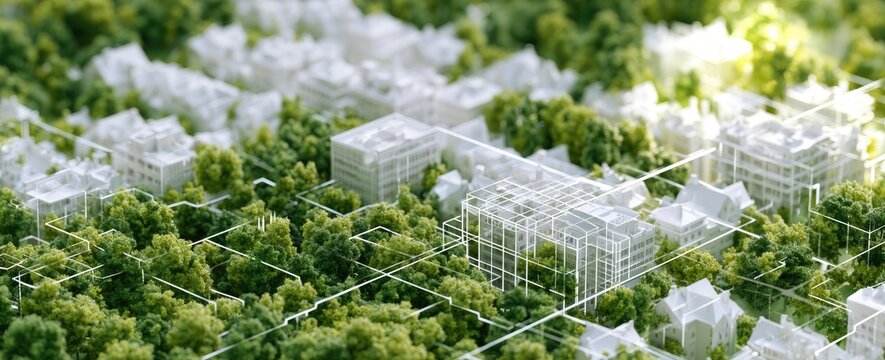 Architectural model shows lush green spaces integrated with modern white buildings