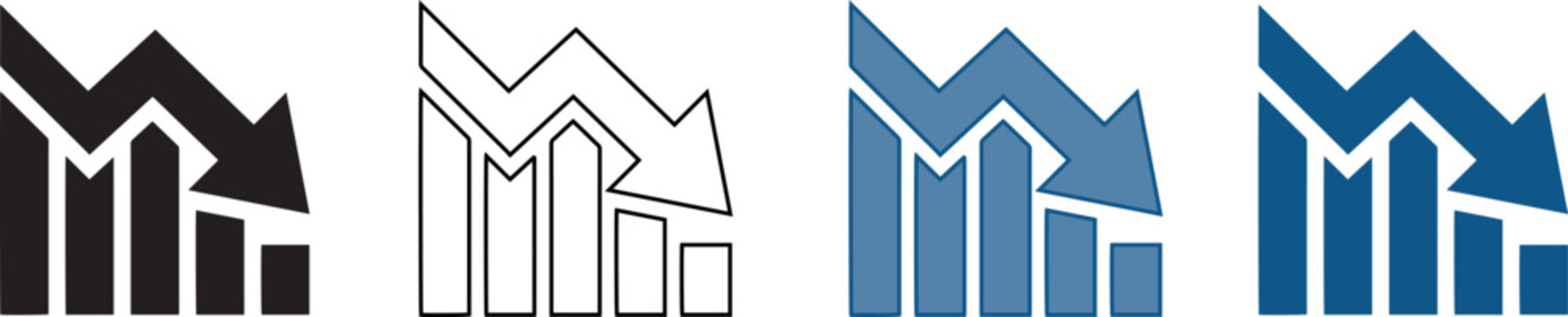 Set of declining bar chart icons representing financial loss, economic recession, and downward business trend