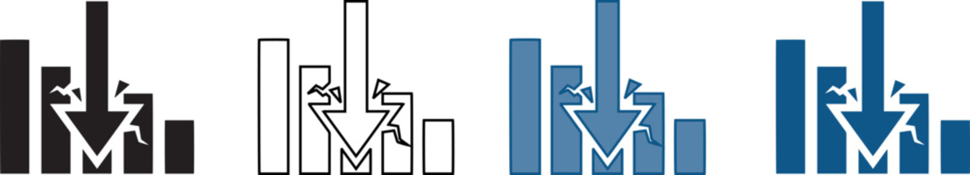 Financial crisis icons showing a decreasing bar chart with a downward arrow representing market crash and economic decline