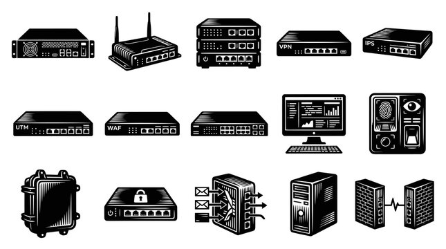 Black and White Vector Icons of Network Hardware and Security Devices