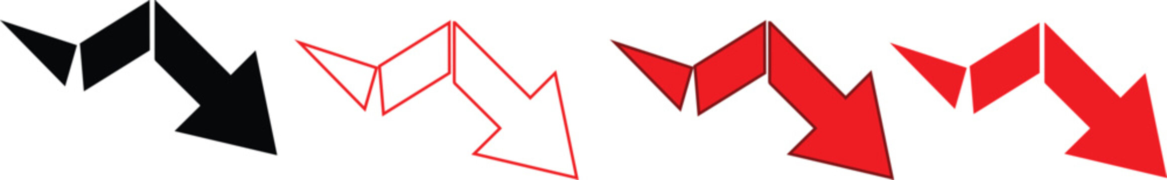 Set of stylized origami style downward business arrow icons in black and red colors representing decrease and loss